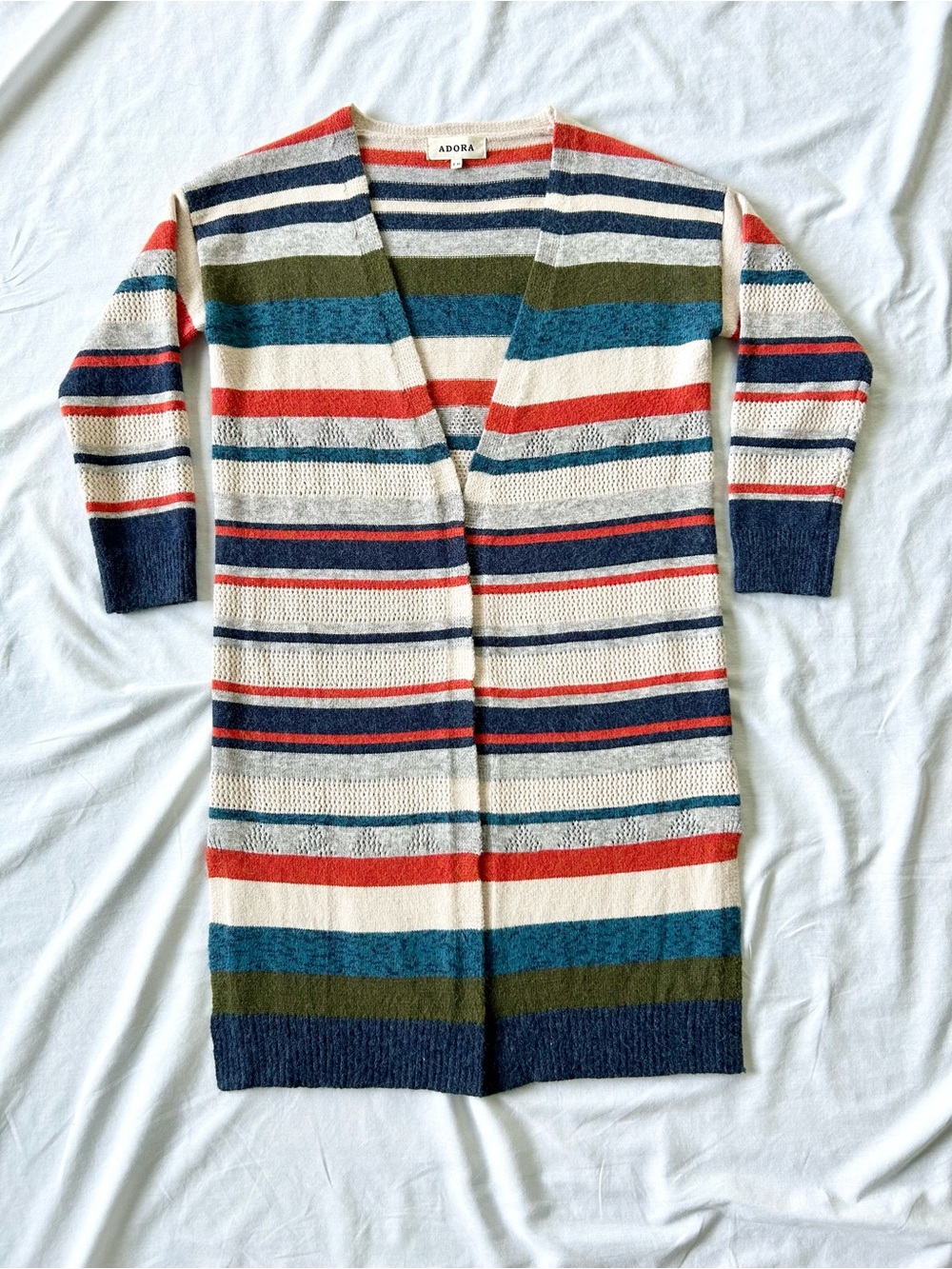 Adora Striped Open Front Longline 3/4 Sleeve Cardigan Sweater